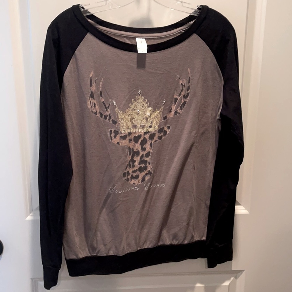 Boatneck rhinestone cheetah deer top
